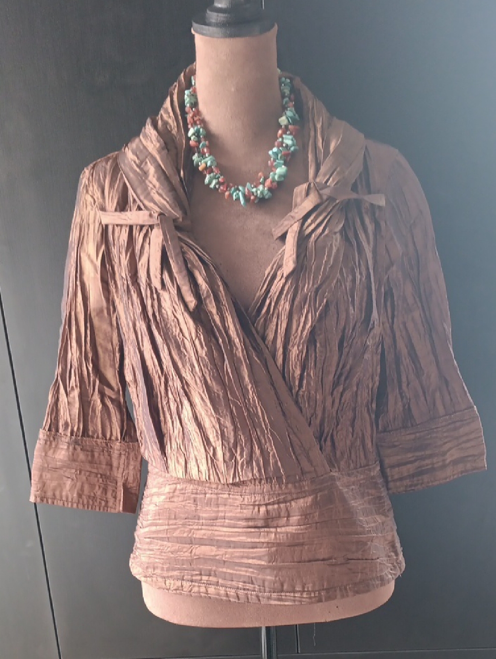 Essentials by Milano Metallic Bronze Crinkle Wrap Blouse Draped Collar Size S